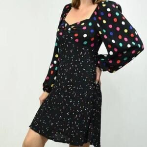 RIXO Target Black Colorful Polkadot Puff Sleeve Long Sleeve Mini Dress Women's 2